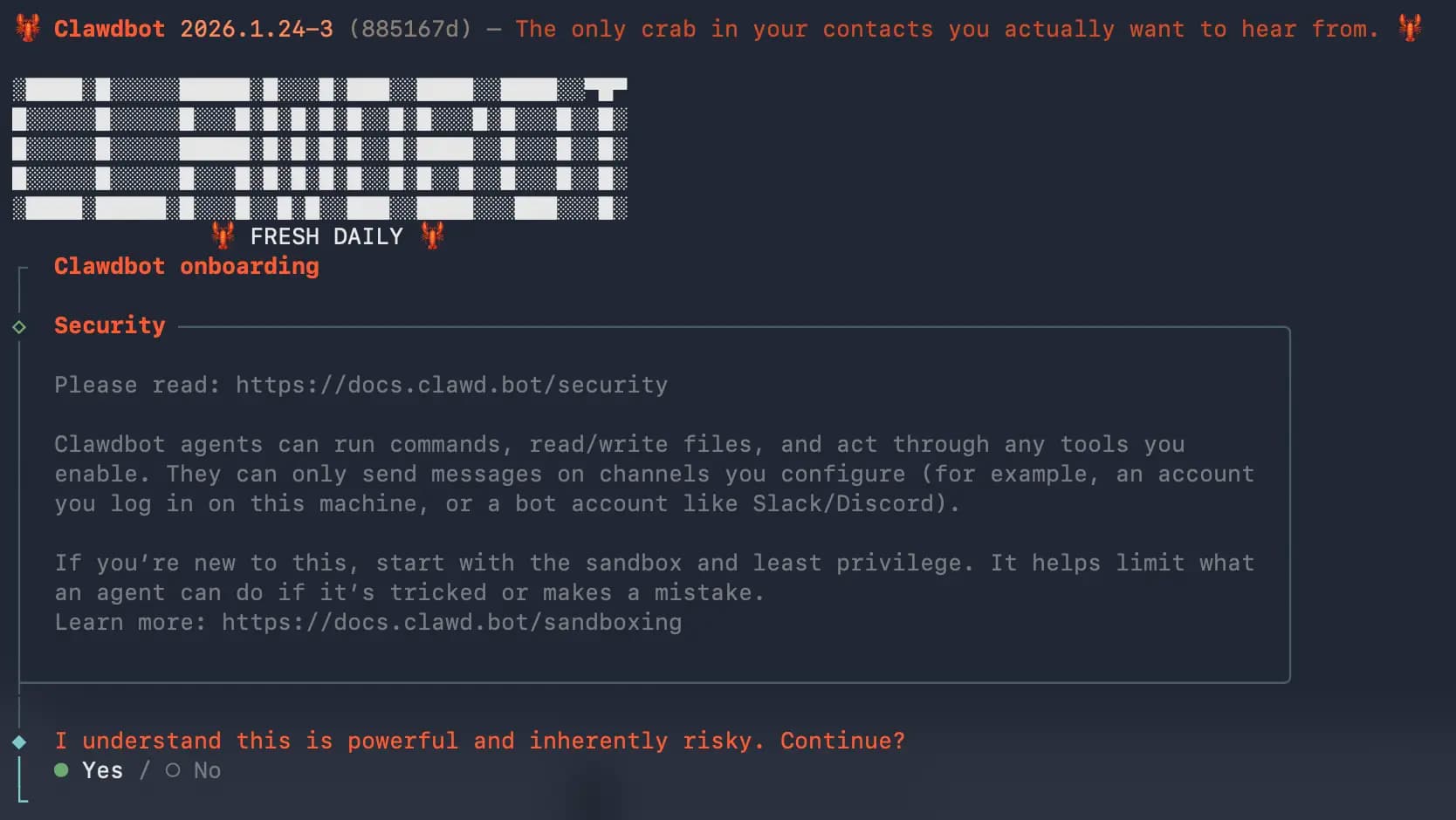 Clawdbot onboarding wizard in terminal