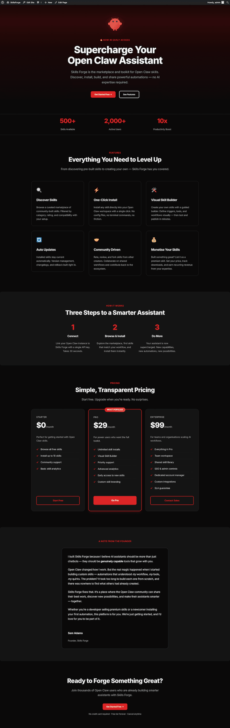 Skills Forge landing page - complete SaaS website built with OpenClaw